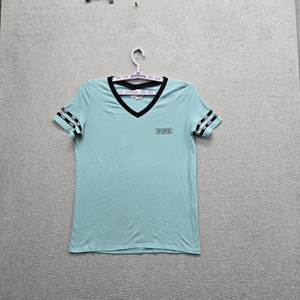 PINK Victoria's Secret Women Shirt L‎ Teal V-Neck Varsity Campus